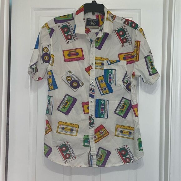 Amongst Others Vintage Inspired Cassette Tape Multicolred Button Down Shirt - Picture 1 of 7